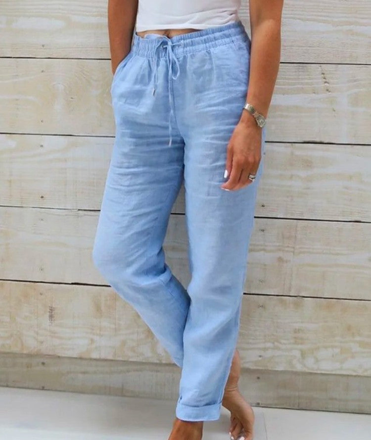 Cotton And Linen Women's High Waist Elastic Waist Solid Color Cotton And Linen Casual Pants NorixaFashion.com