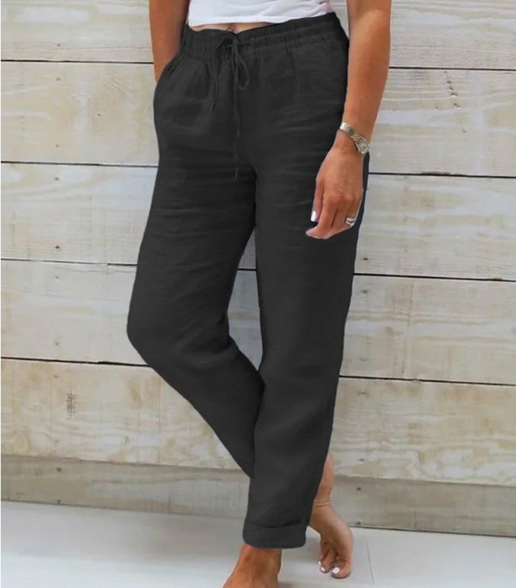 Cotton And Linen Women's High Waist Elastic Waist Solid Color Cotton And Linen Casual Pants NorixaFashion.com