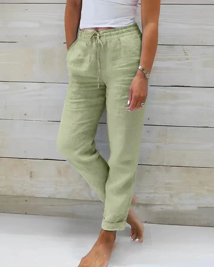 Cotton And Linen Women's High Waist Elastic Waist Solid Color Cotton And Linen Casual Pants NorixaFashion.com