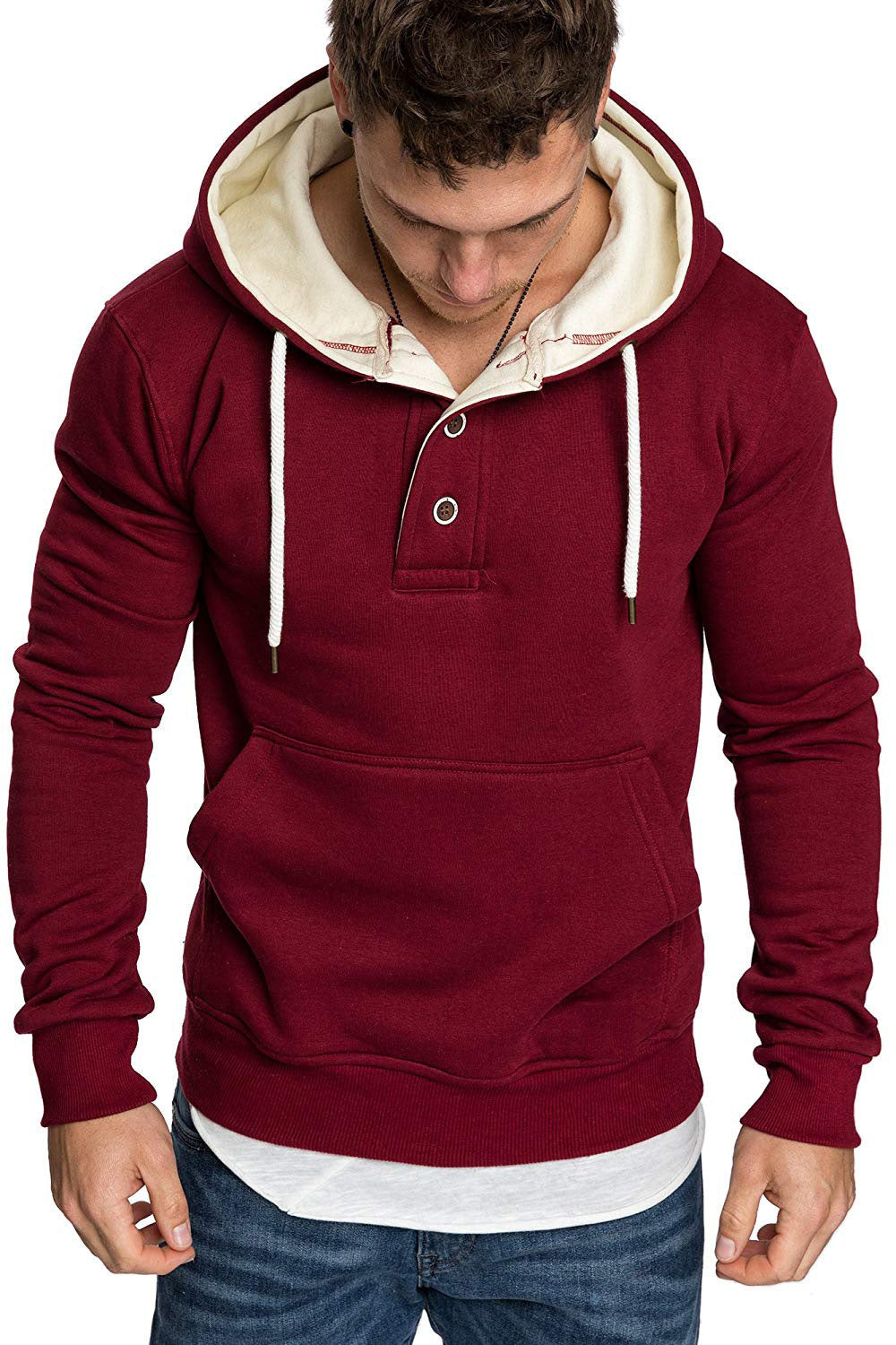 Button-Trim Hooded Fleece Sweatshirt - Cotton Blend Pullover with Pockets