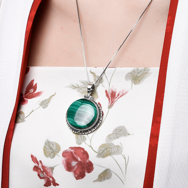 S925 Silver Round Malachite Dignified Pendant LadyShow.Store
