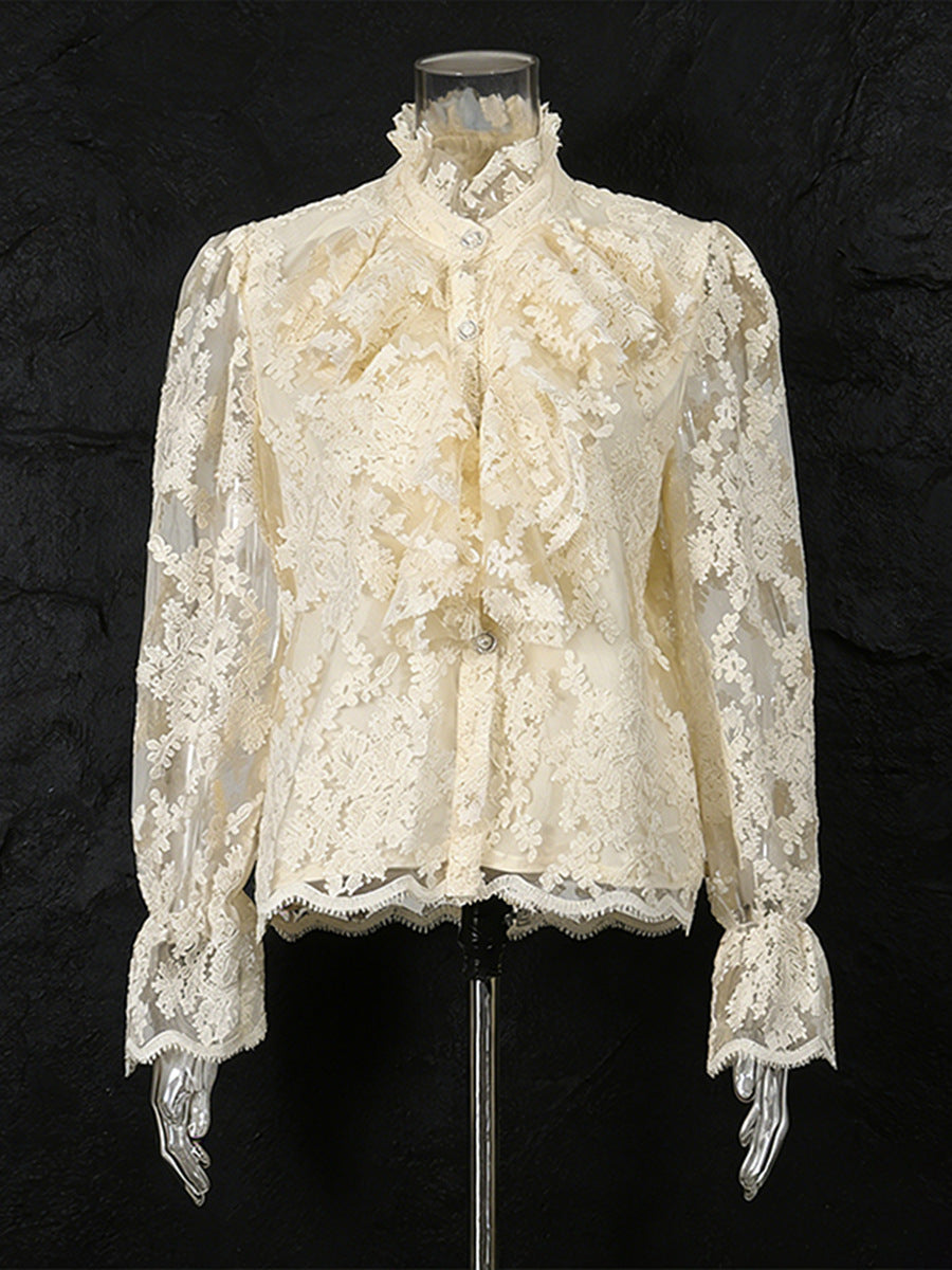 Retro 3D Floral Lace Long-Sleeved Shirt NorixaFashion.com