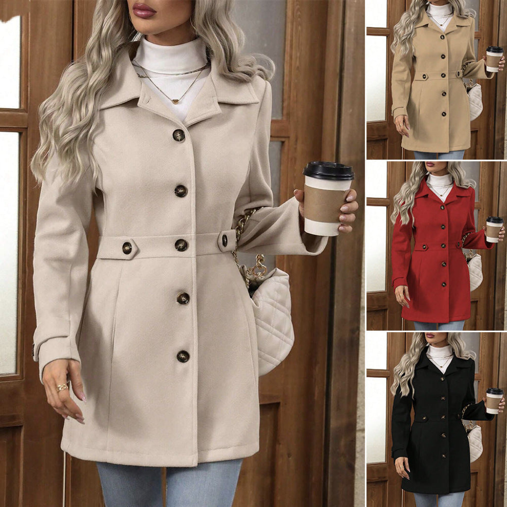 Elegant Single-breasted Woolen Coat Buttons Lapel Mid-length Jacket Temperament Commuter Outwear Clothing For Women Best YouTube Store