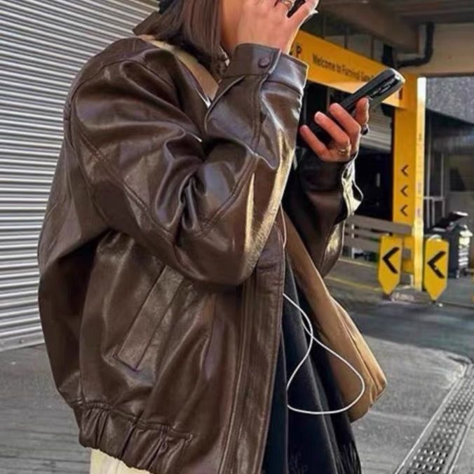 Women's Vintage Brown Leather Motorcycle Jacket LadyShow.Store