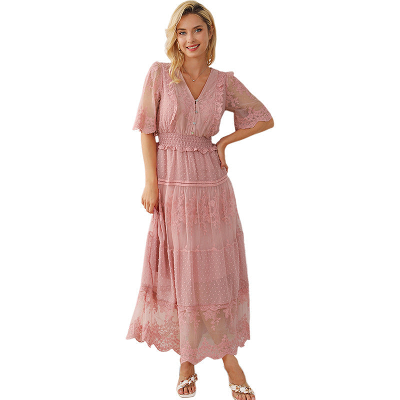 Lace V-neck Patchwork Dress Women NorixaFashion.com