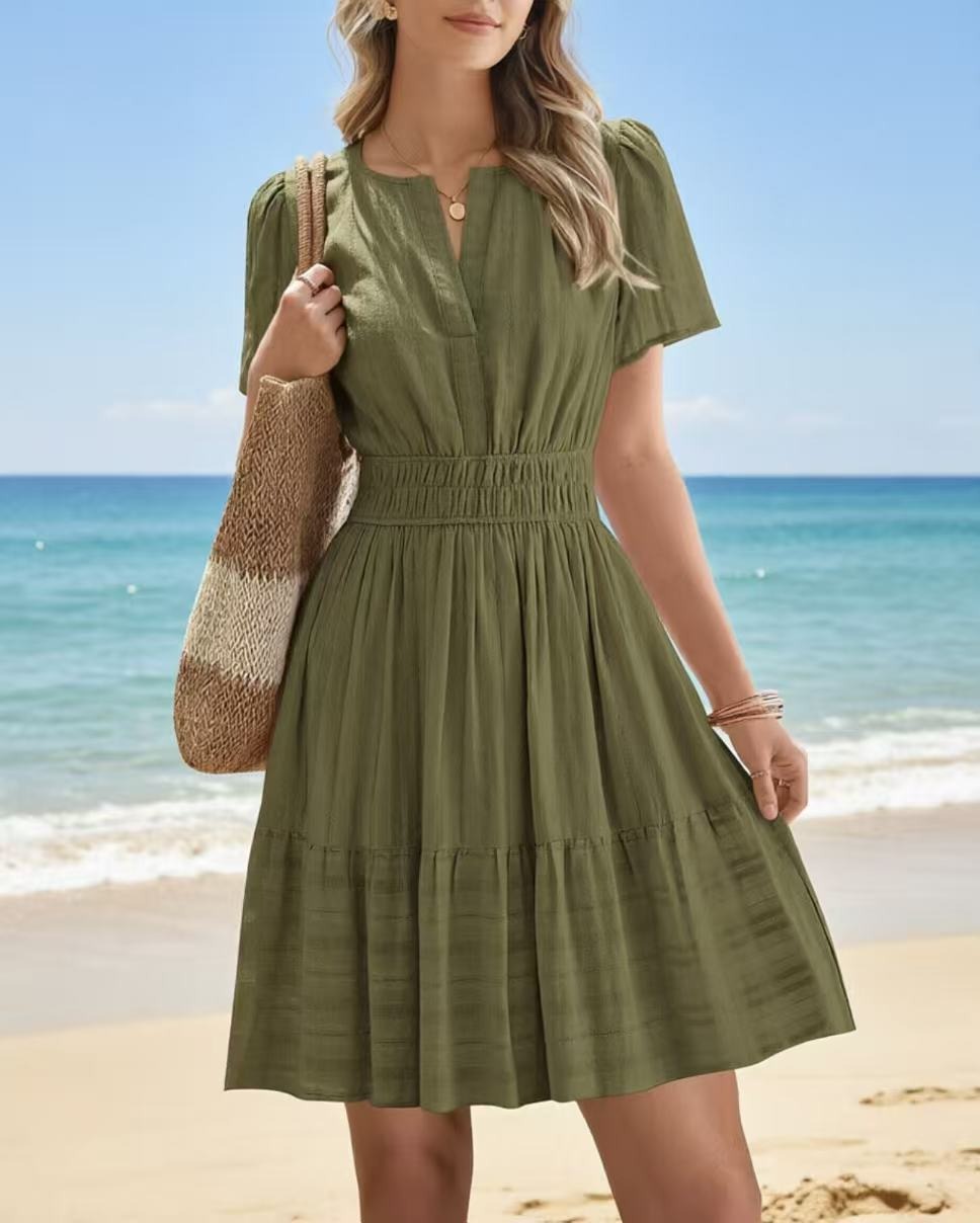 2026 Hot Sale Spring Summer Women's Solid Color V Neck Ruched Puff Sleeve Short Dress NorixaFashion.com