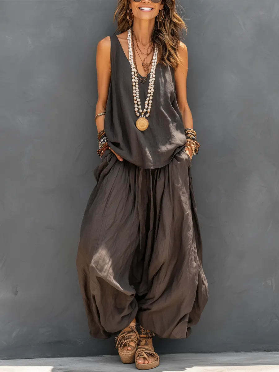 Womens Solid-Colored Casual Sleeveless Tank Top And Wide-Leg Pants Cotton-Linen Set LadyShow.Store