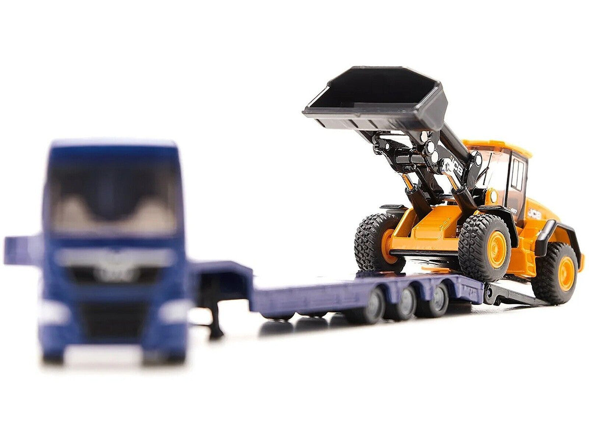 MAN Truck Blue Metallic with Low Loader Trailer and JCB 457 Wheel Loader Yellow 1/87 (HO) Diecast Model by Siku LuxuryLifeWay Online Store