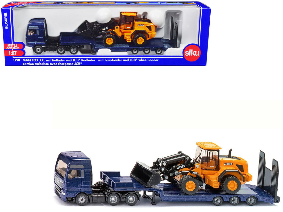 MAN Truck Blue Metallic with Low Loader Trailer and JCB 457 Wheel Loader Yellow 1/87 (HO) Diecast Model by Siku LuxuryLifeWay Online Store