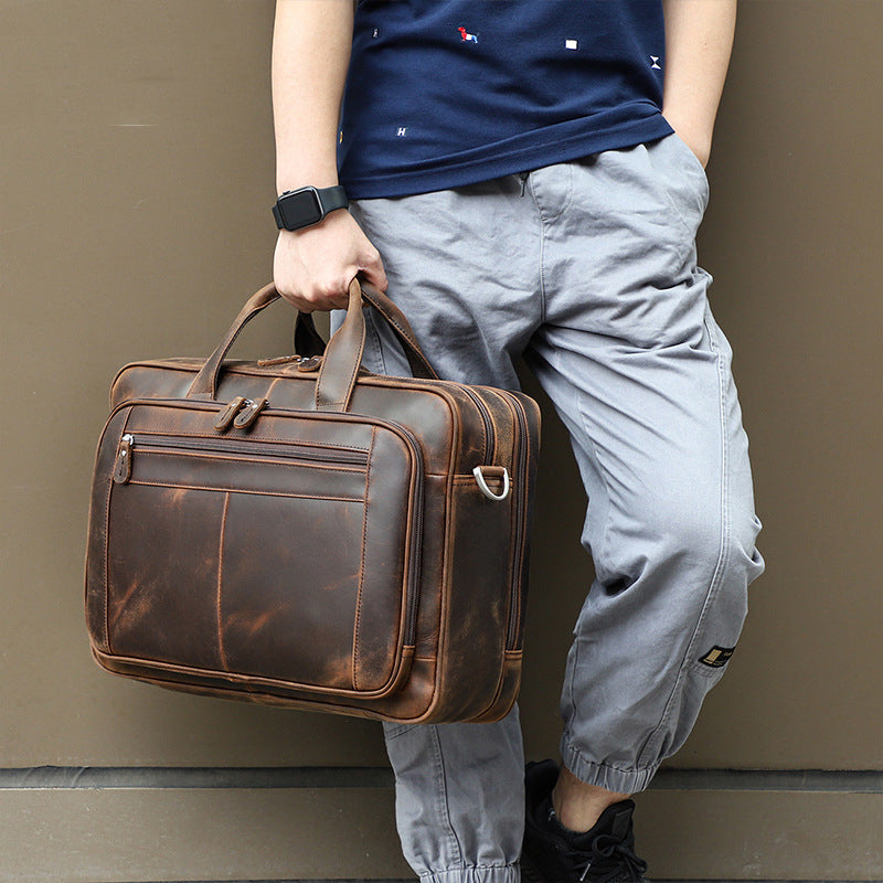 Vintage Leather Men's Crazy Horse Leather Handbag Large Business CJD
