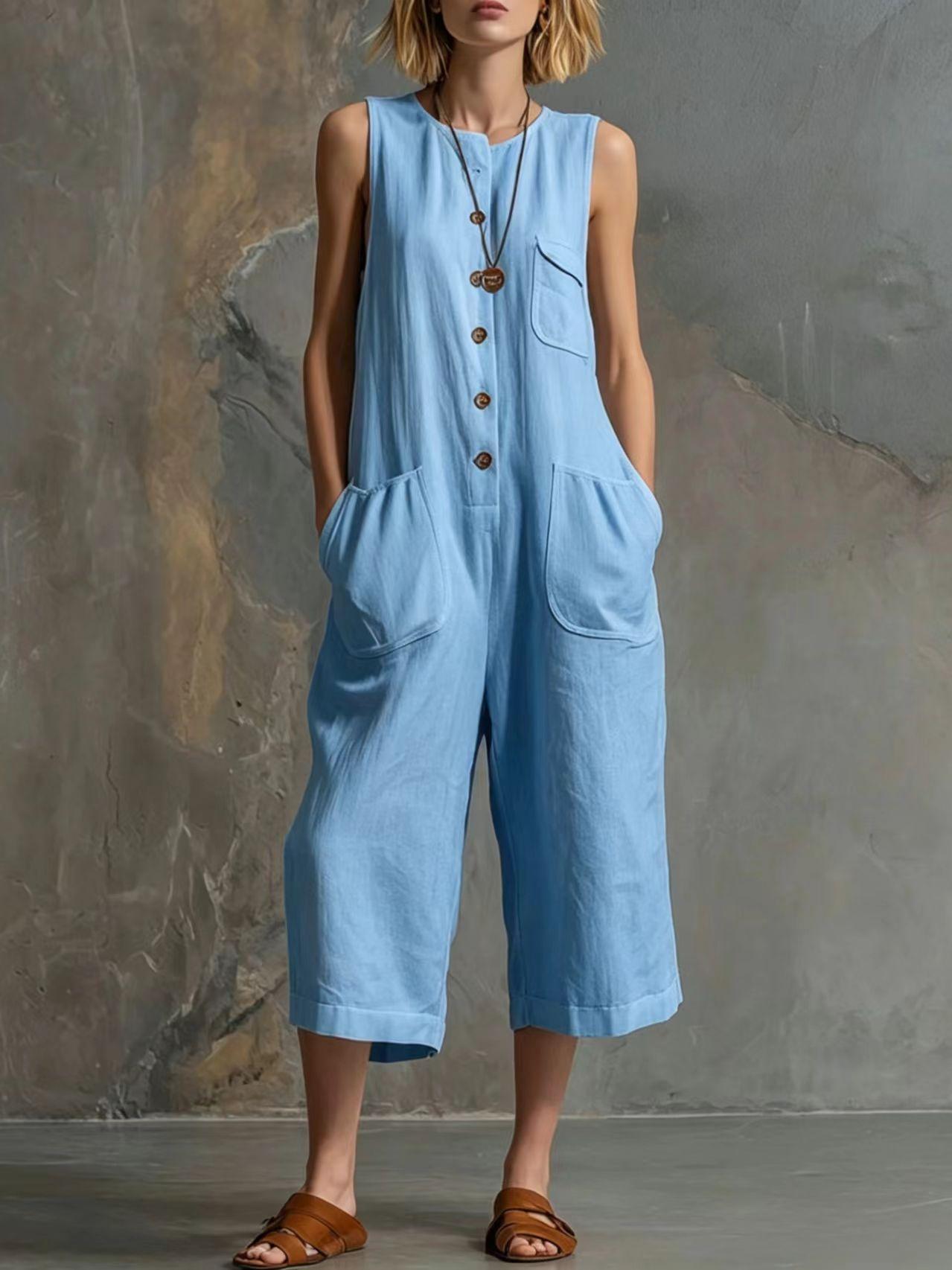 Retro Sleeveless Cotton-Linen Wide-Leg Cropped Jumpsuit LadyShow.Store