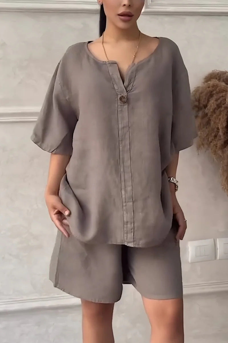 Cotton-linen Shirt Set With High-waisted Loose Shorts For Women LadyShow.Store