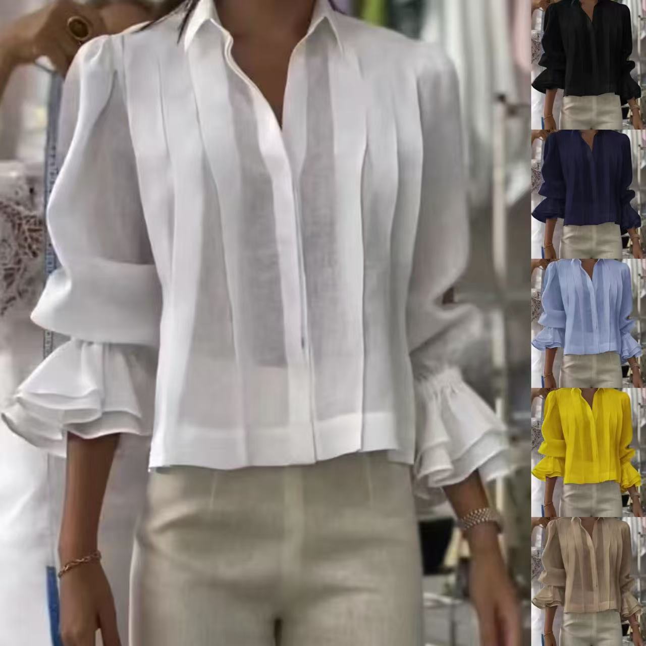 Pleated Solid Color Stitching Short Sleeve Shirt NorixaFashion.com