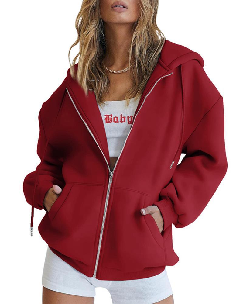 Women's Fashion Casual Solid Color Drawstring Zipper Hooded Sweatshirt LadyShow.Store
