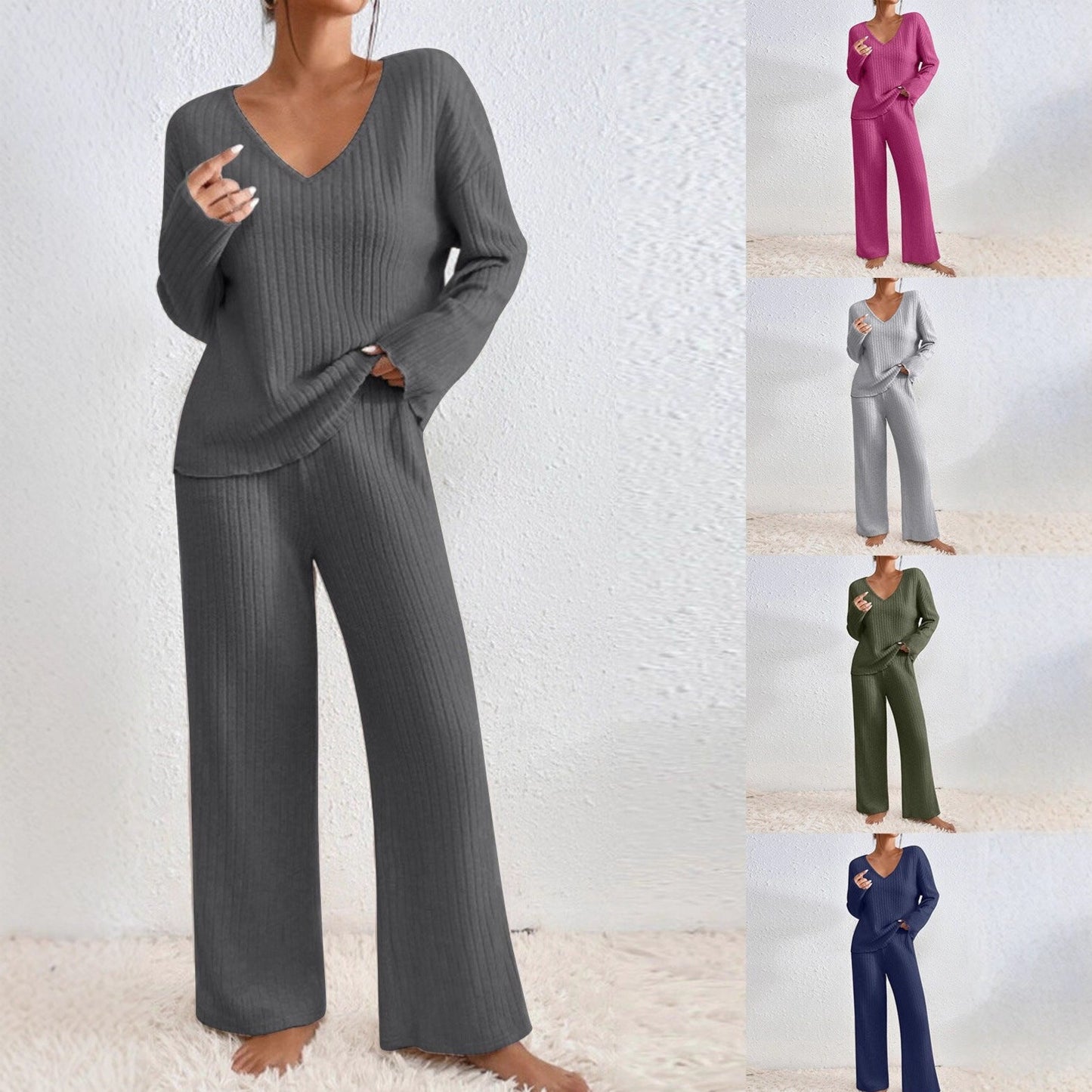 Long Sleeve V-neck Knitted Sunken Stripe Brushed Loose Leisure Suit LadyShow.Store