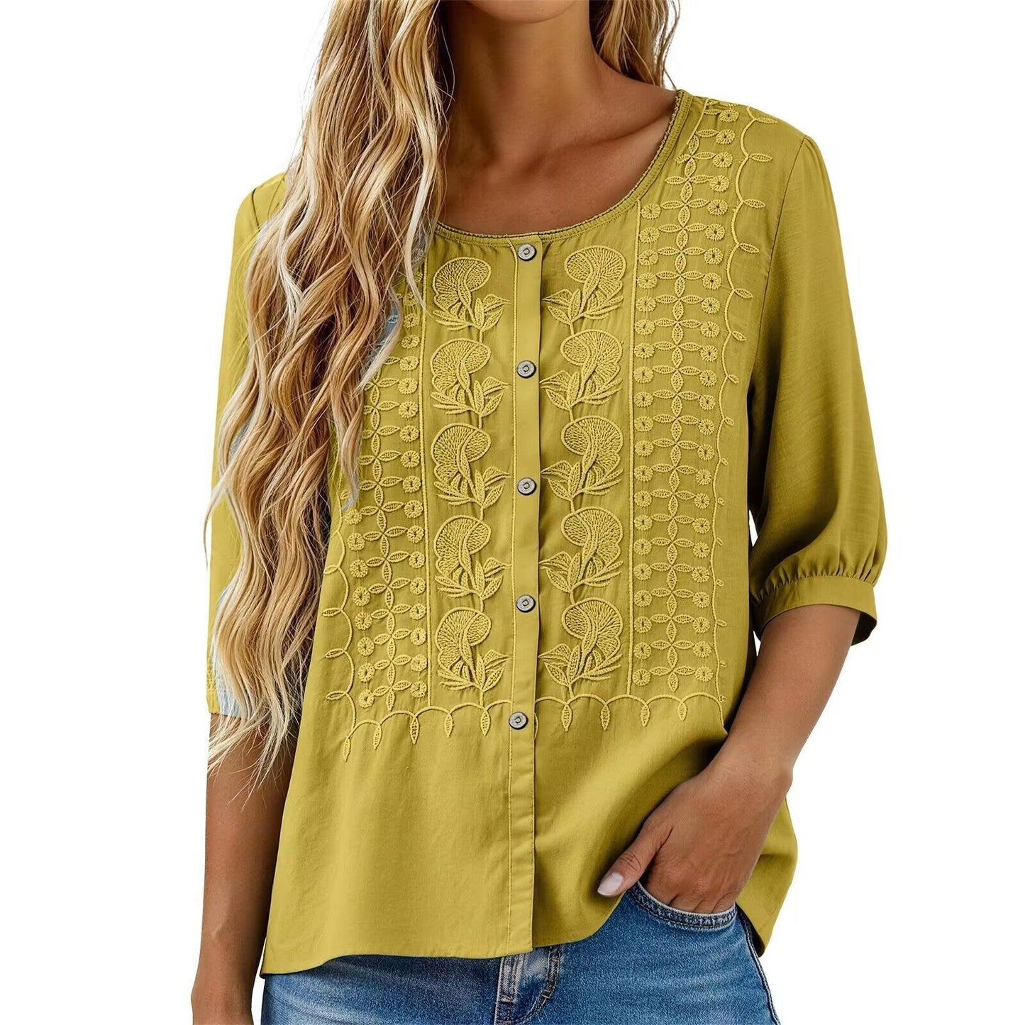 V-Neck Short Sleeve Cotton Linen Shirt, Heavy Embroidery Casual Blouse NorixaFashion.com