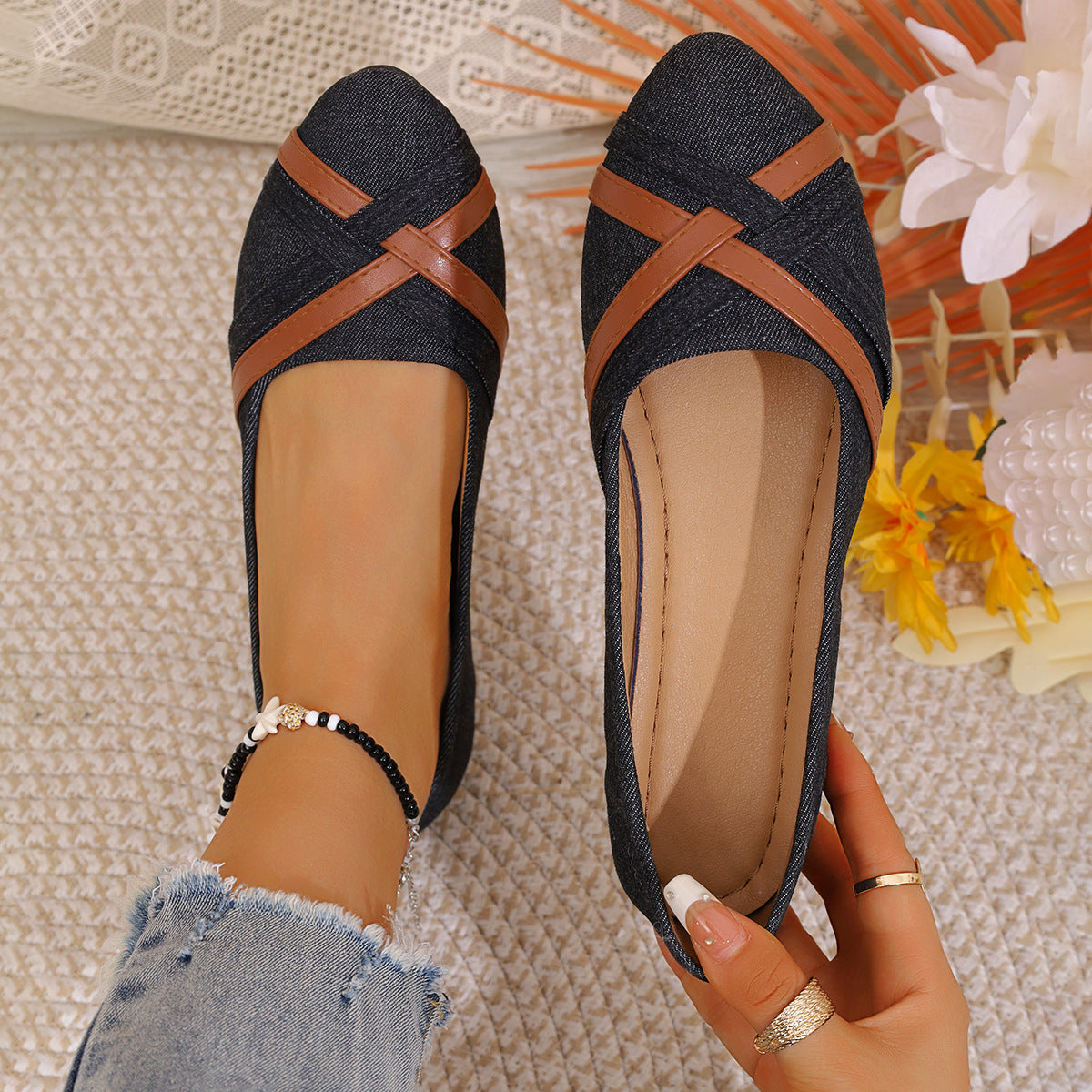 Ins Cross-Strapped Denim Loafers NorixaFashion.com