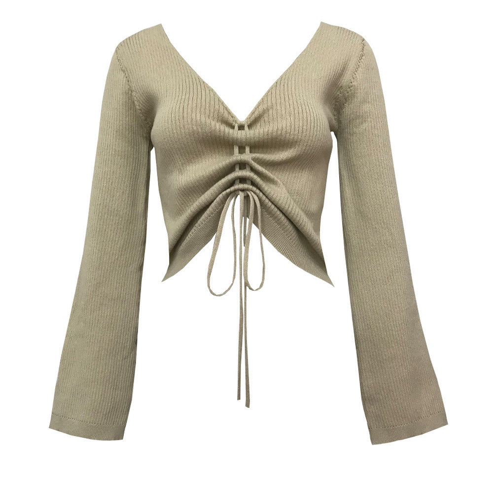 V-Neck Drawstring Knit Sweater NorixaFashion.com