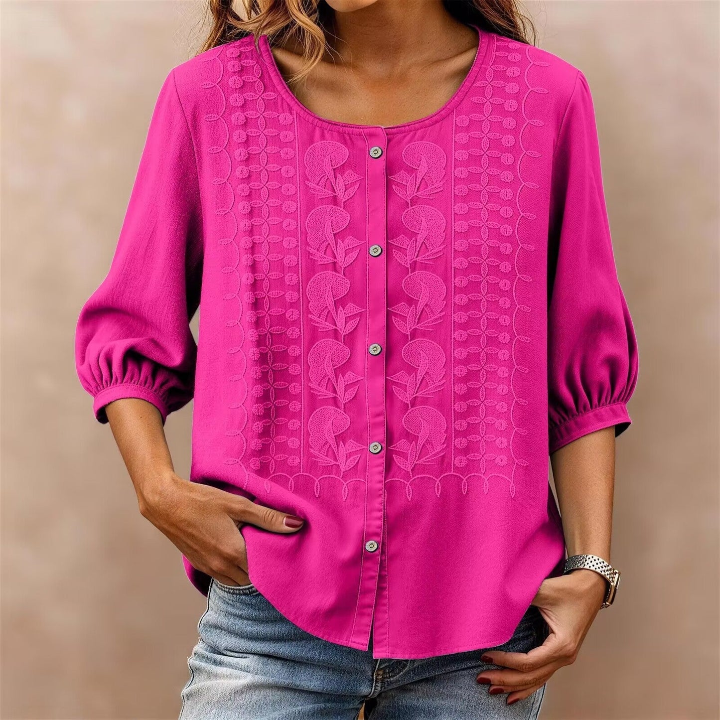 V-Neck Short Sleeve Cotton Linen Shirt, Heavy Embroidery Casual Blouse NorixaFashion.com