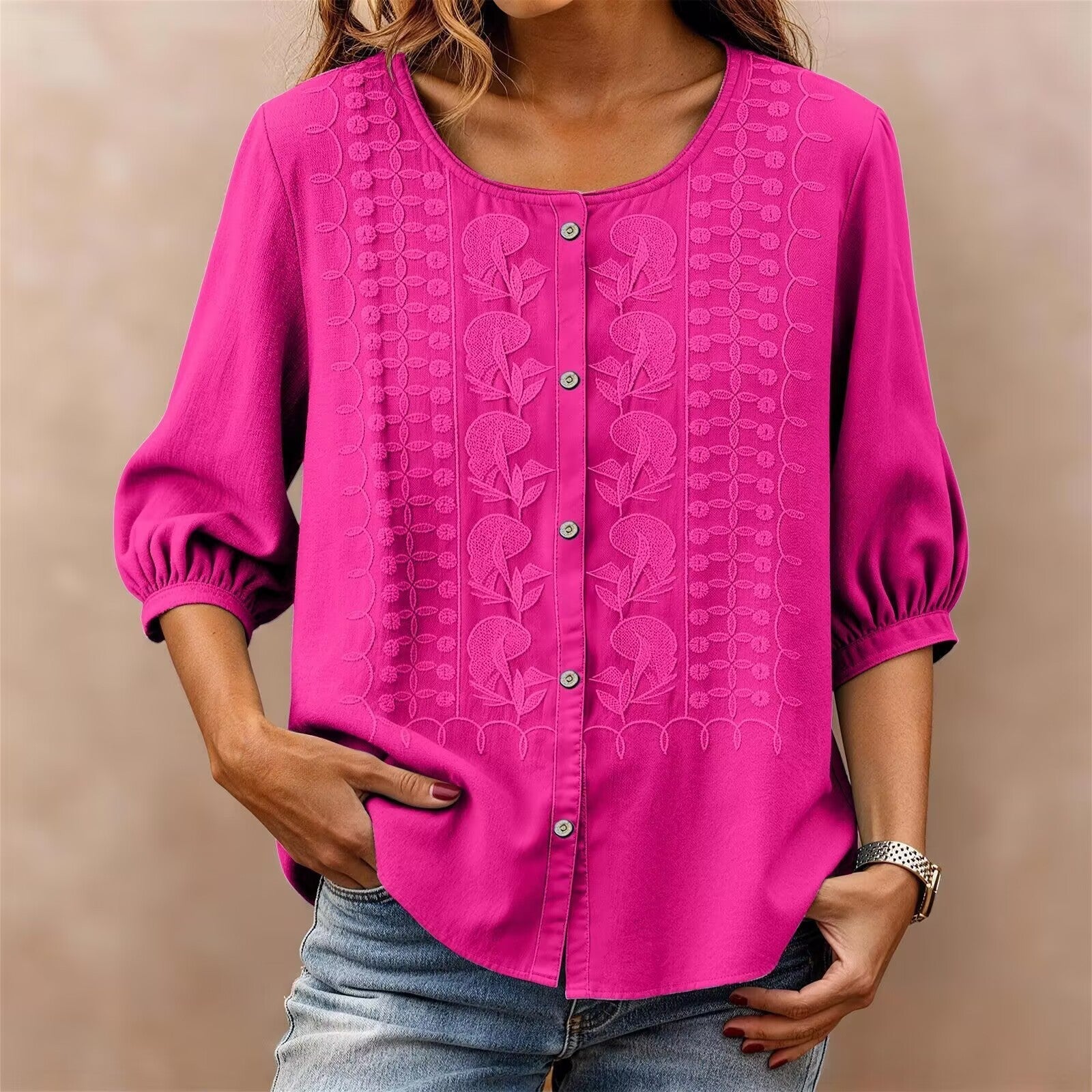 V-Neck Short Sleeve Cotton Linen Shirt, Heavy Embroidery Casual Blouse NorixaFashion.com