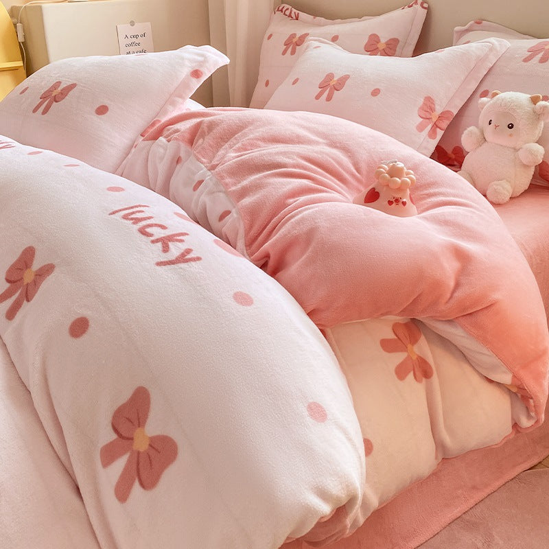 Winter Thickening Milk Fiber Bed Four-piece Coral Velvet Quilt Cover Flange Double-sided Bed Sheet Three-piece Bedding CJD2