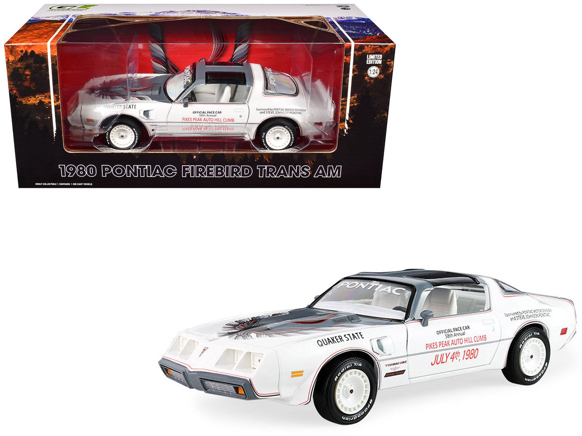 1980 Pontiac Firebird Trans Am T/A "Official Pace Car 58th Annual Pikes Peak Auto Hill Climb" White with Gray Top and Hood Graphics with White Interior 1/24 Diecast Model Car by Greenlight LuxuryLifeWay Online Store