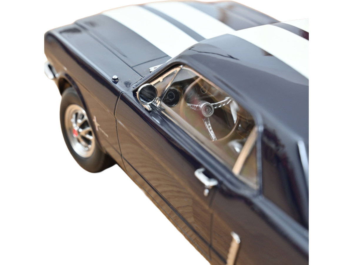 1965 Ford Mustang Hardtop Coupe Nightmist Blue Metallic with White Stripes 1/18 Diecast Model Car by Norev LuxuryLifeWay Online Store
