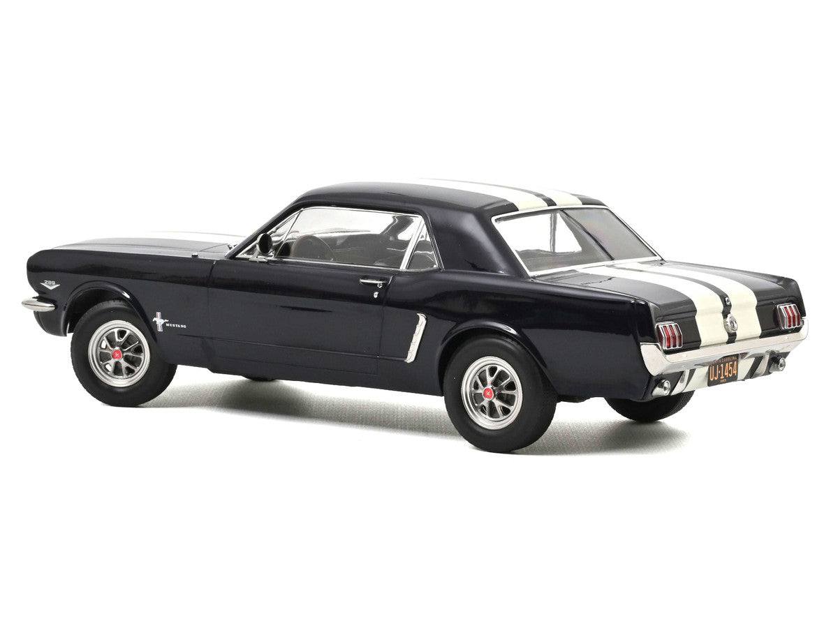 1965 Ford Mustang Hardtop Coupe Nightmist Blue Metallic with White Stripes 1/18 Diecast Model Car by Norev LuxuryLifeWay Online Store