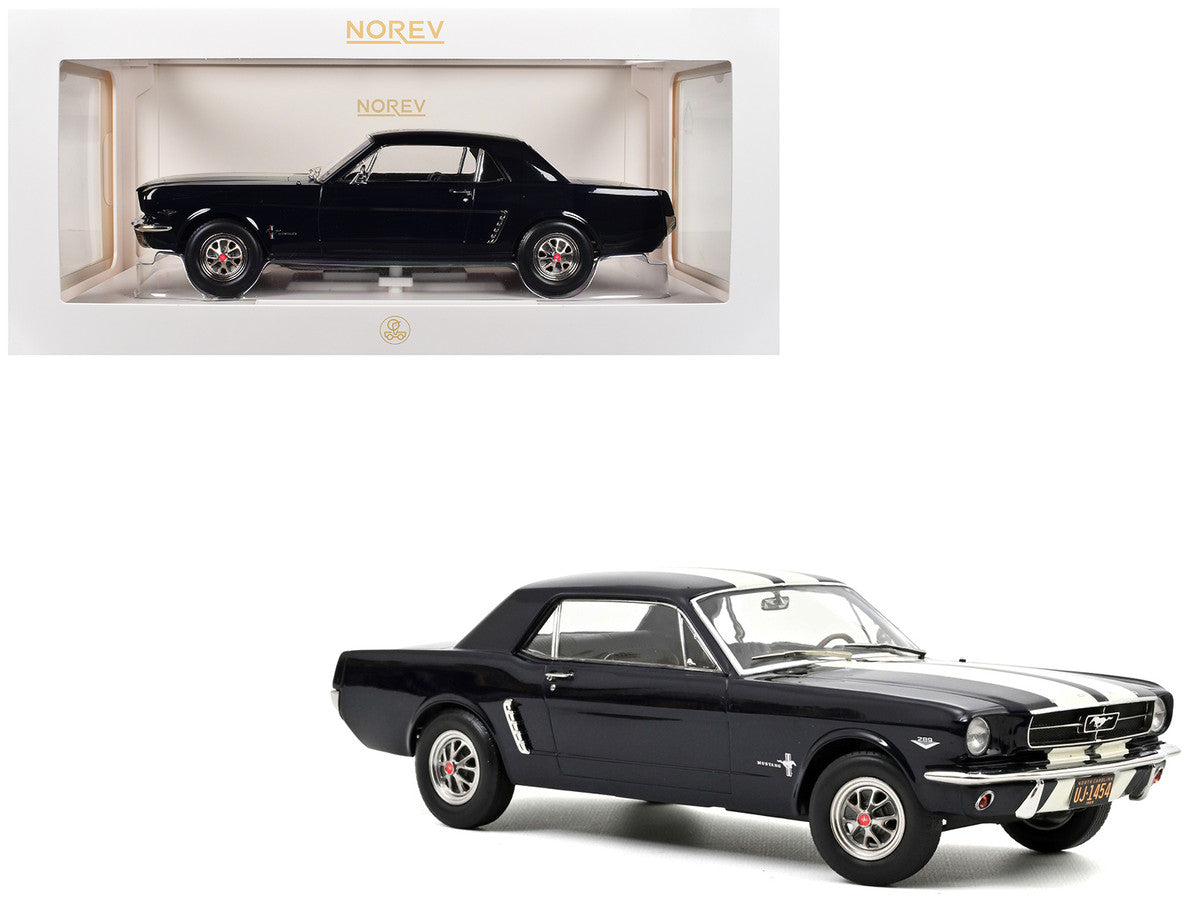 1965 Ford Mustang Hardtop Coupe Nightmist Blue Metallic with White Stripes 1/18 Diecast Model Car by Norev LuxuryLifeWay Online Store