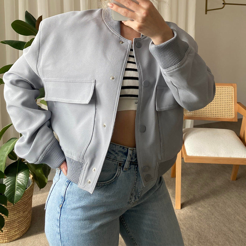Fashion Button Stand-collar Jacket With Big Pockets Casual Loose Short Outwear Tops Coat For Women Clothing LadyShow.Store