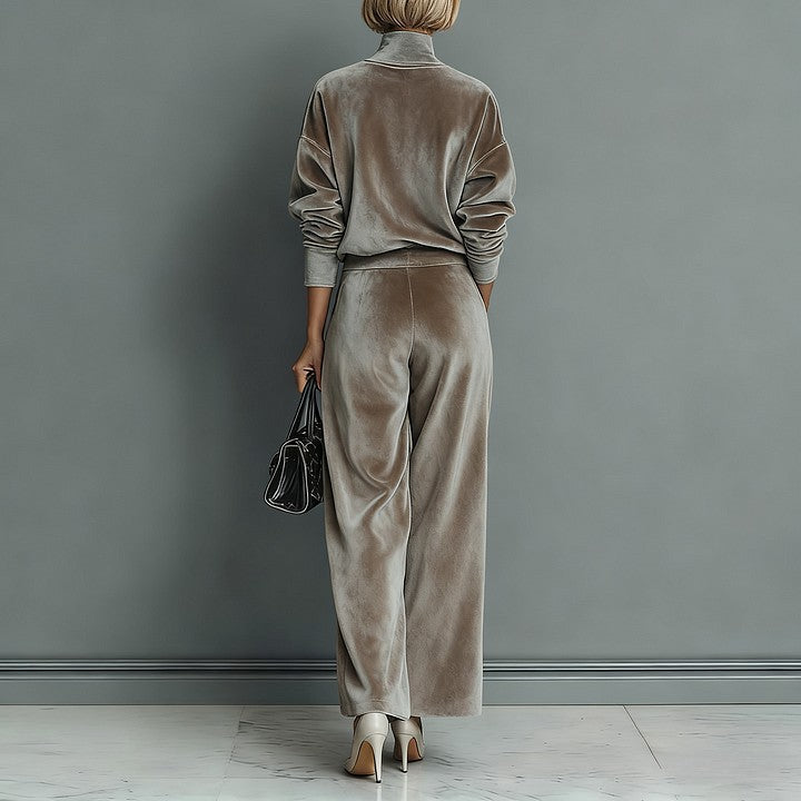 Casual Warm Velour Long-sleeved Solid Color High-neck Zipper Wide-leg Sportswear LadyShow.Store