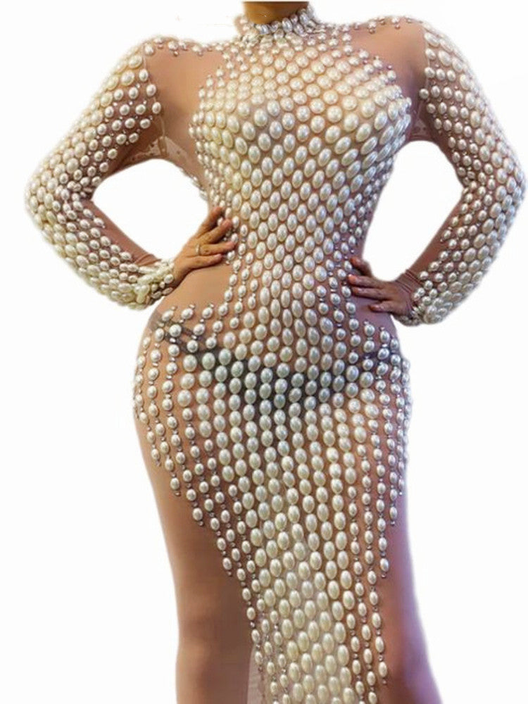 Women Pearl Dress Long Skirt Tight NorixaFashion.com