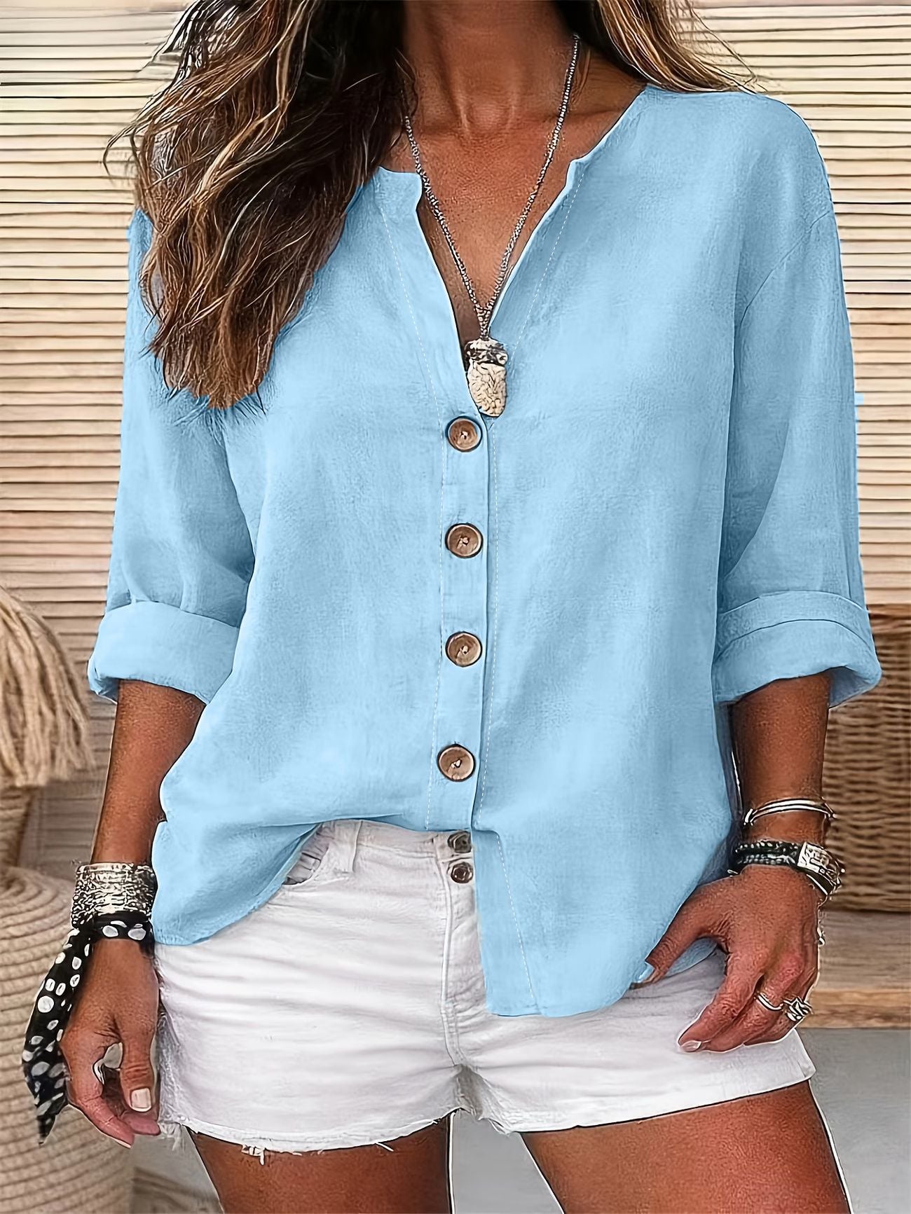 Womens V-neck Cotton-Linen Button-Down T-shirt Top NorixaFashion.com