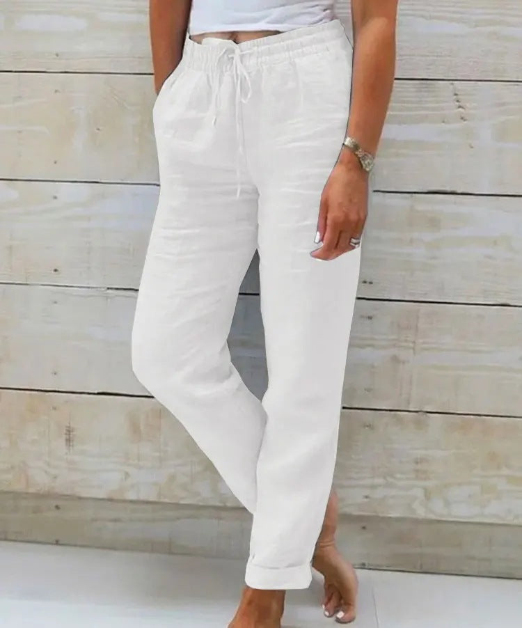 Cotton And Linen Women's High Waist Elastic Waist Solid Color Cotton And Linen Casual Pants NorixaFashion.com