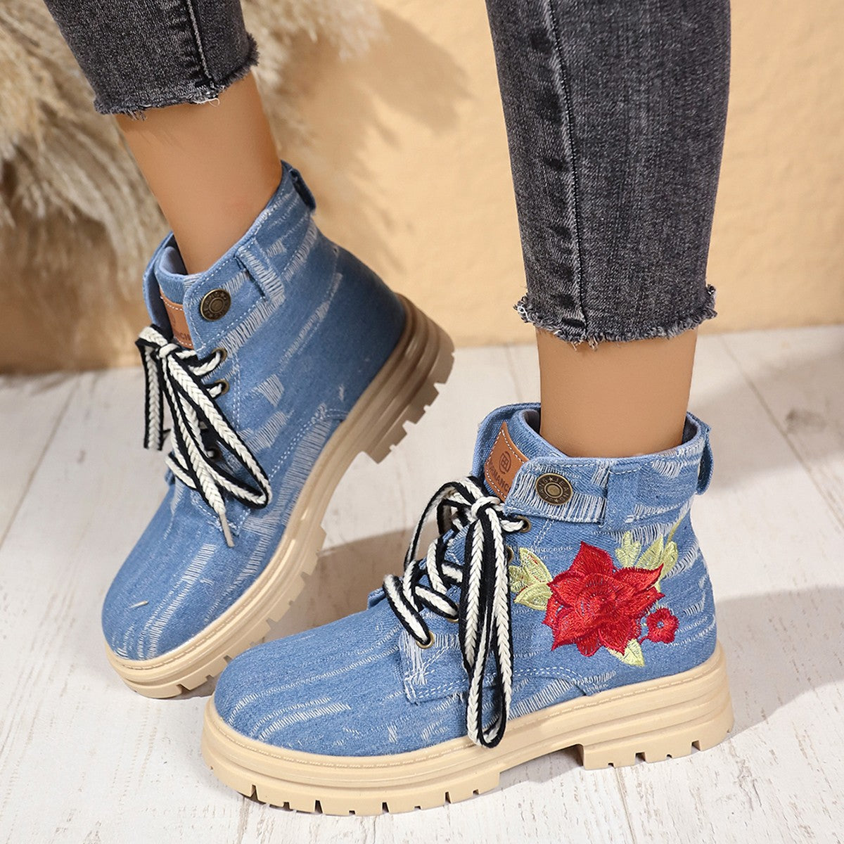 Lace-up Canvas Boots Fashion Rose Embroidered Shoes Round Toe Thick Heel Short Boot Women LadyShow.Store