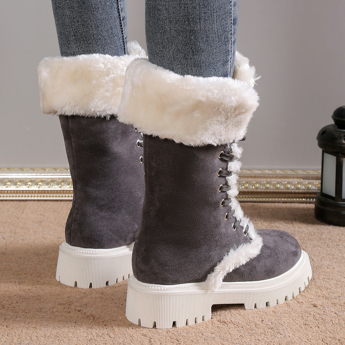 Winter Lace-up Snow Boots For Women Mid-tube Fleece Shoes Warm Chunky Heels Plush Boot LadyShow.Store