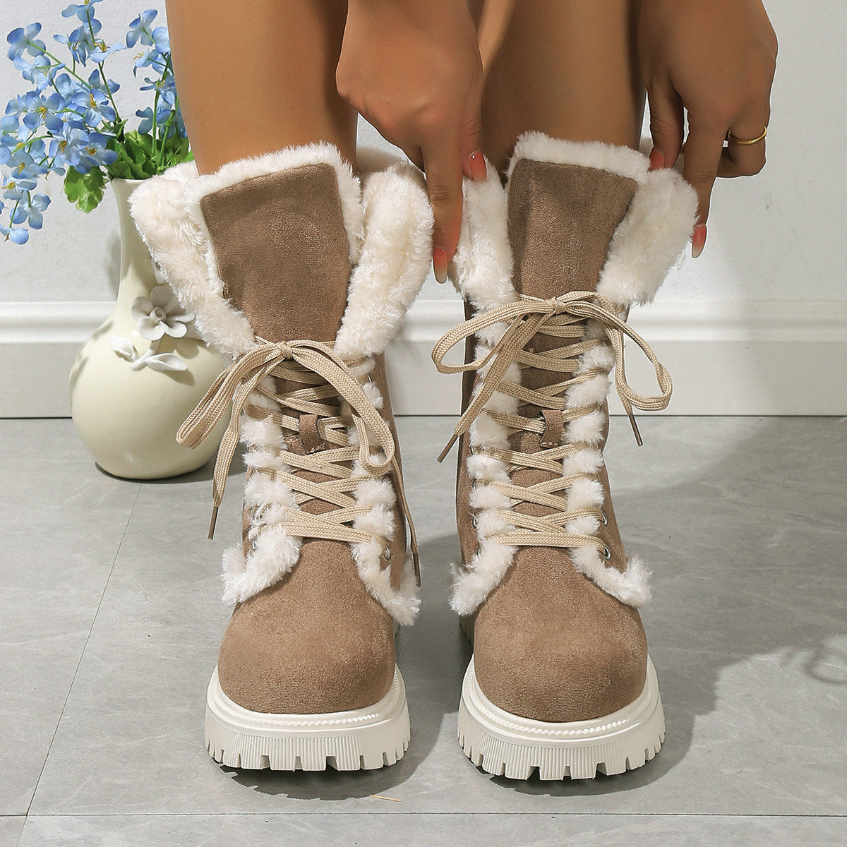 Winter Lace-up Snow Boots For Women Mid-tube Fleece Shoes Warm Chunky Heels Plush Boot LadyShow.Store