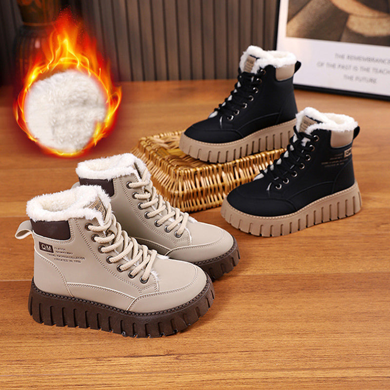 Ins Lace-up Snow Boots Winter Warm Fleece Flat Shoes For Women Fashion Casual Plush Ankle Boot CJD