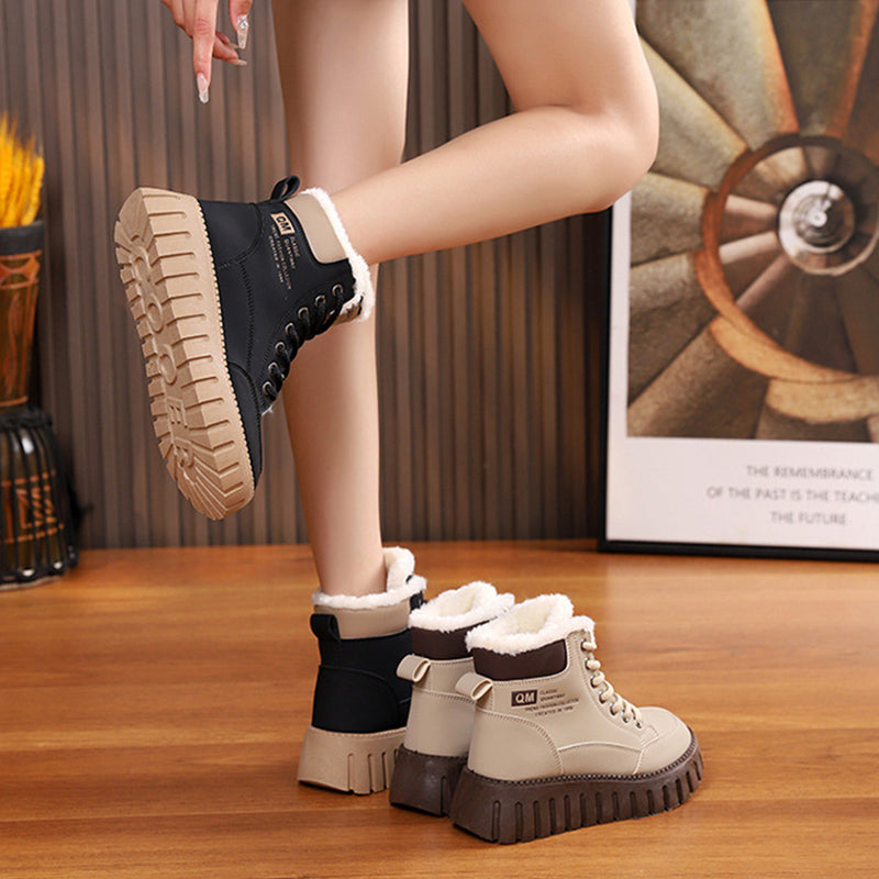 Ins Lace-up Snow Boots Winter Warm Fleece Flat Shoes For Women Fashion Casual Plush Ankle Boot CJD