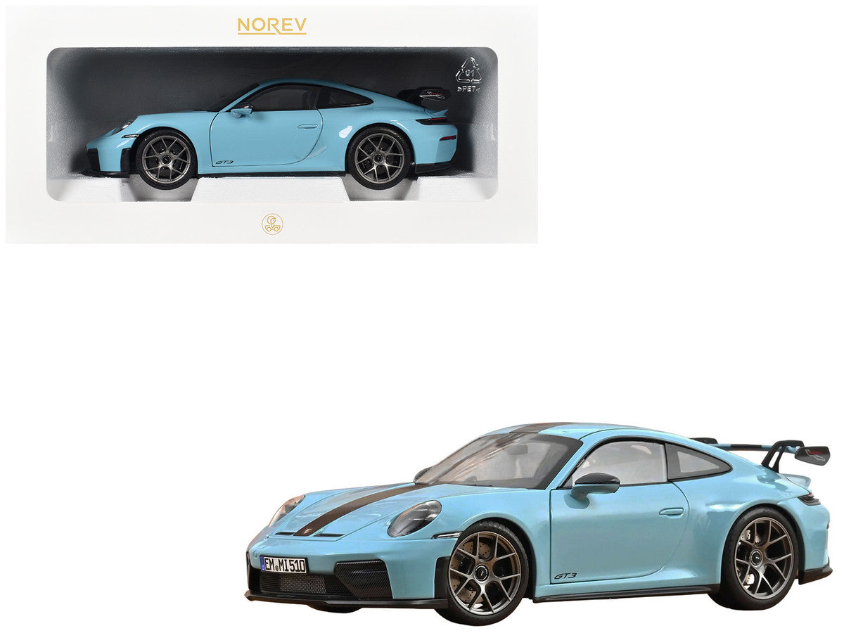 2025 Porsche 911 GT3 with Weissach Pack Gulf Blue with Carbon Stripe 1/18 Diecast Model Car by Norev LuxuryLifeWay Online Store