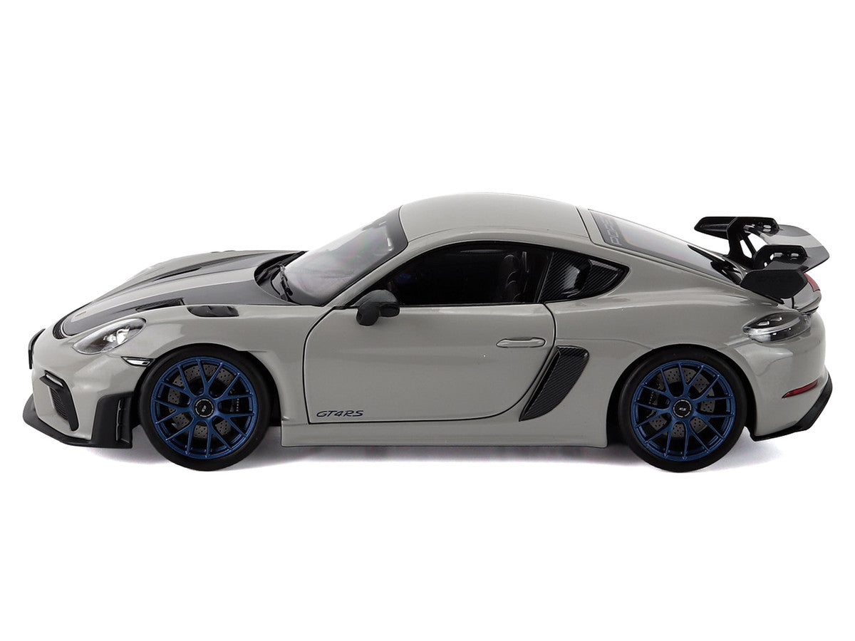 2023 Porsche Cayman GT4 RS Weissach Pack Chalk Gray with Carbon Hood Stripes 1/18 Diecast Model Car by Norev LuxuryLifeWay Online Store