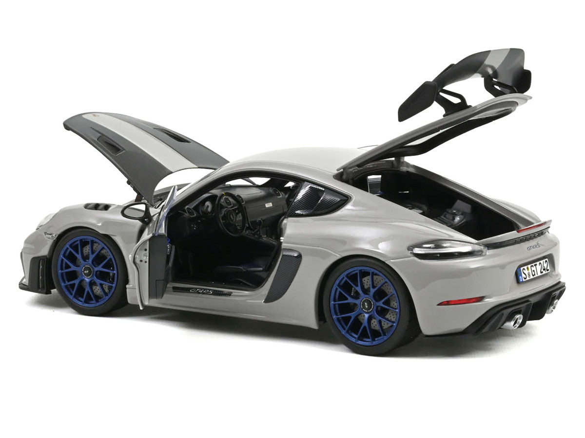2023 Porsche Cayman GT4 RS Weissach Pack Chalk Gray with Carbon Hood Stripes 1/18 Diecast Model Car by Norev LuxuryLifeWay Online Store