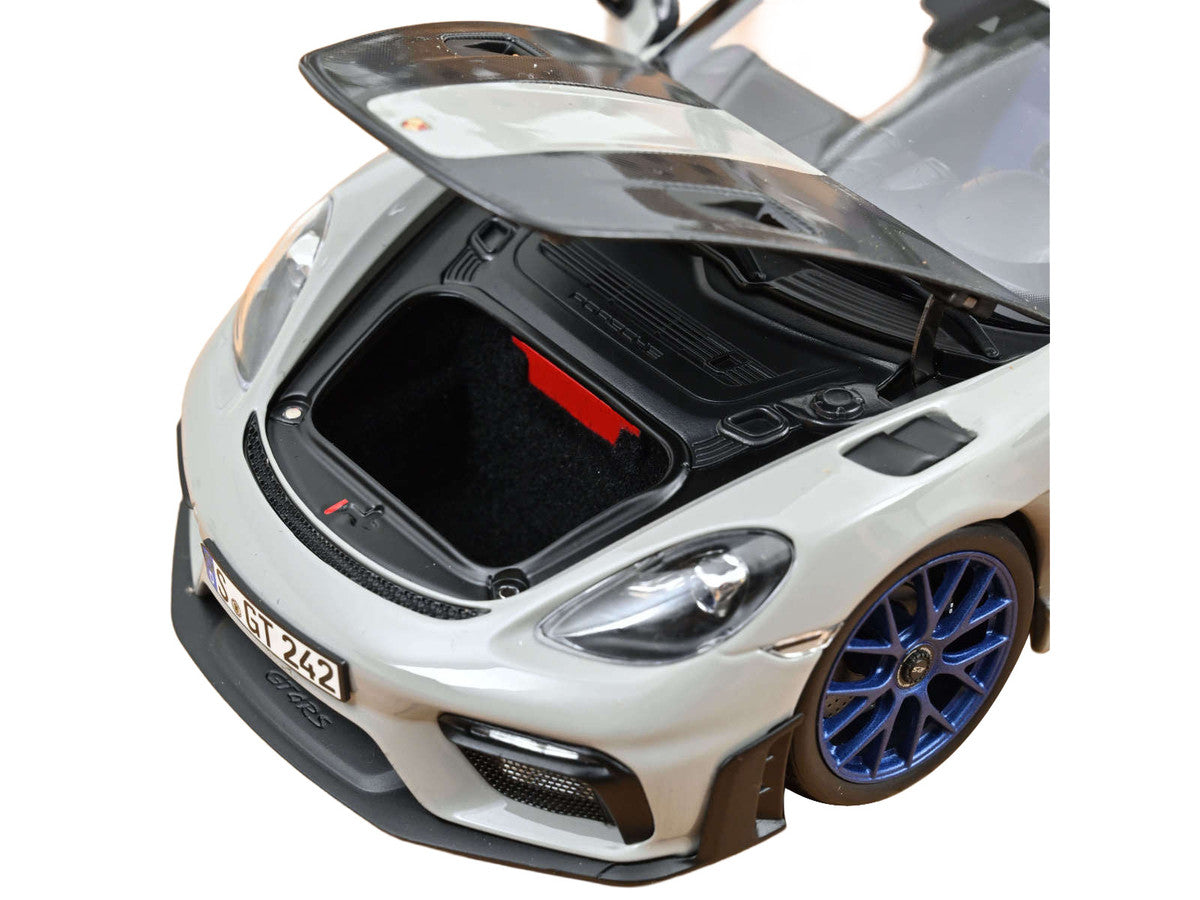 2023 Porsche Cayman GT4 RS Weissach Pack Chalk Gray with Carbon Hood Stripes 1/18 Diecast Model Car by Norev LuxuryLifeWay Online Store