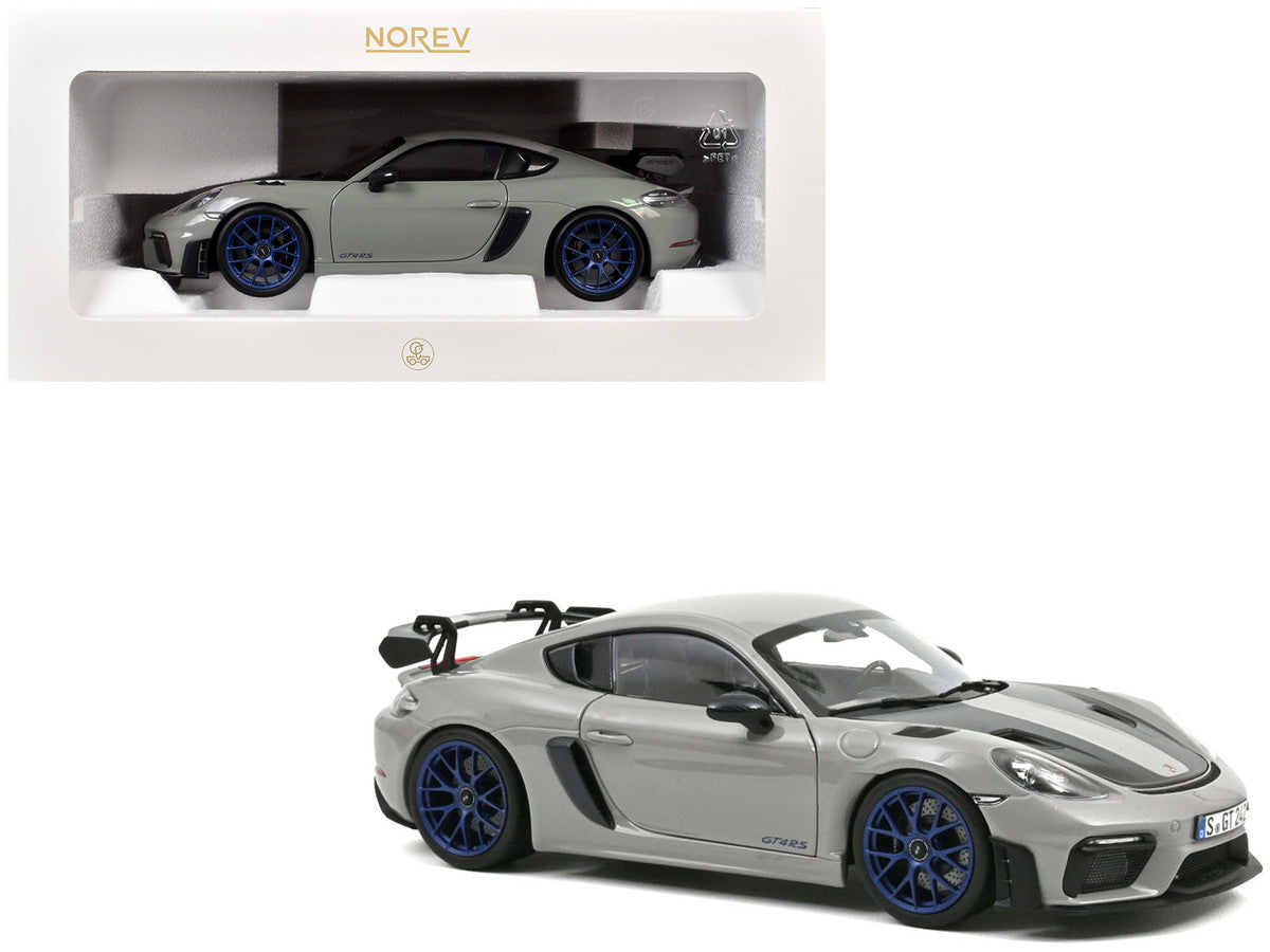 2023 Porsche Cayman GT4 RS Weissach Pack Chalk Gray with Carbon Hood Stripes 1/18 Diecast Model Car by Norev LuxuryLifeWay Online Store