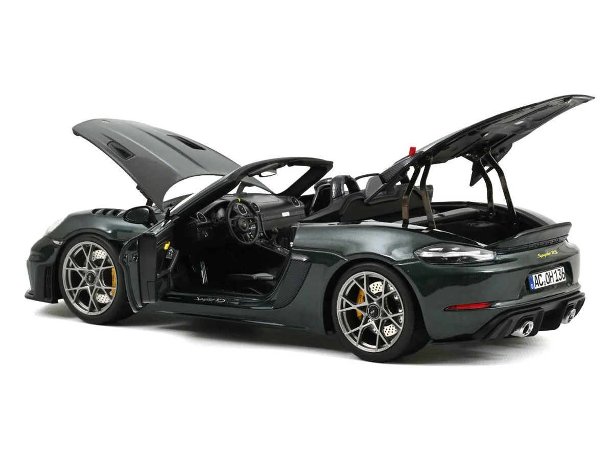 2023 Porsche 718 Spyder RS Weissach Pack Forest Green Metallic with Carbon Hood Stripes 1/18 Diecast Model Car by Norev LuxuryLifeWay Online Store