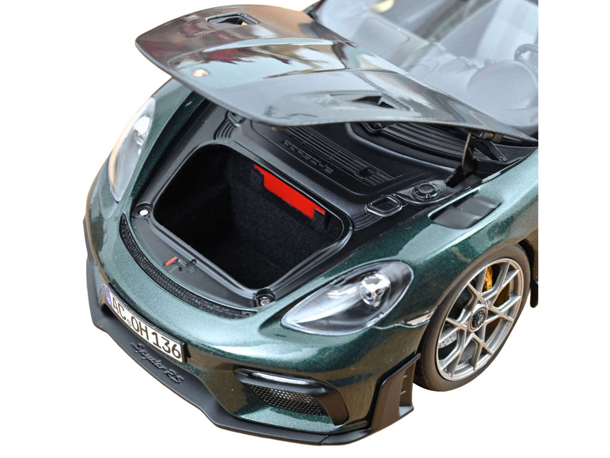 2023 Porsche 718 Spyder RS Weissach Pack Forest Green Metallic with Carbon Hood Stripes 1/18 Diecast Model Car by Norev LuxuryLifeWay Online Store