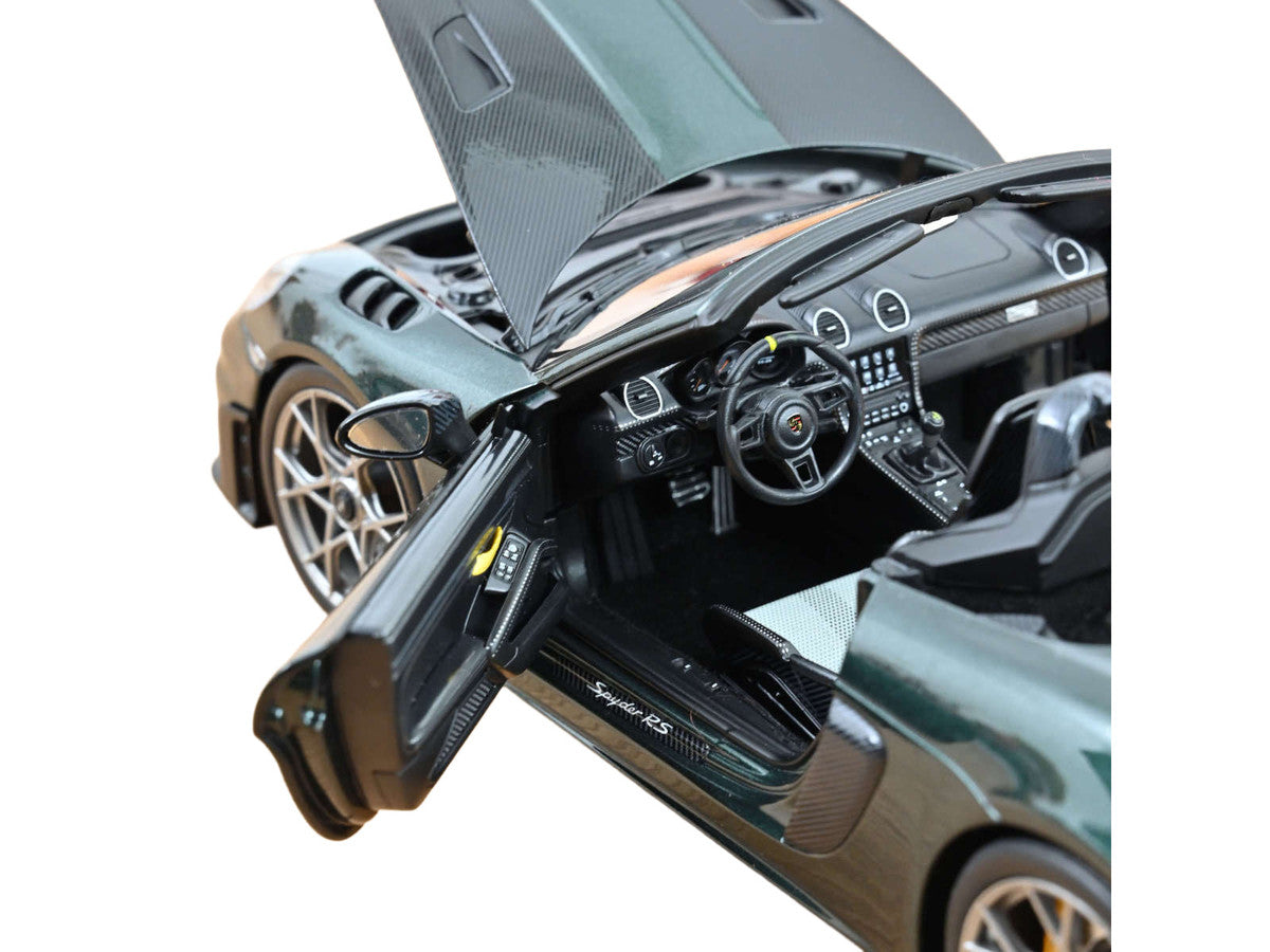 2023 Porsche 718 Spyder RS Weissach Pack Forest Green Metallic with Carbon Hood Stripes 1/18 Diecast Model Car by Norev LuxuryLifeWay Online Store