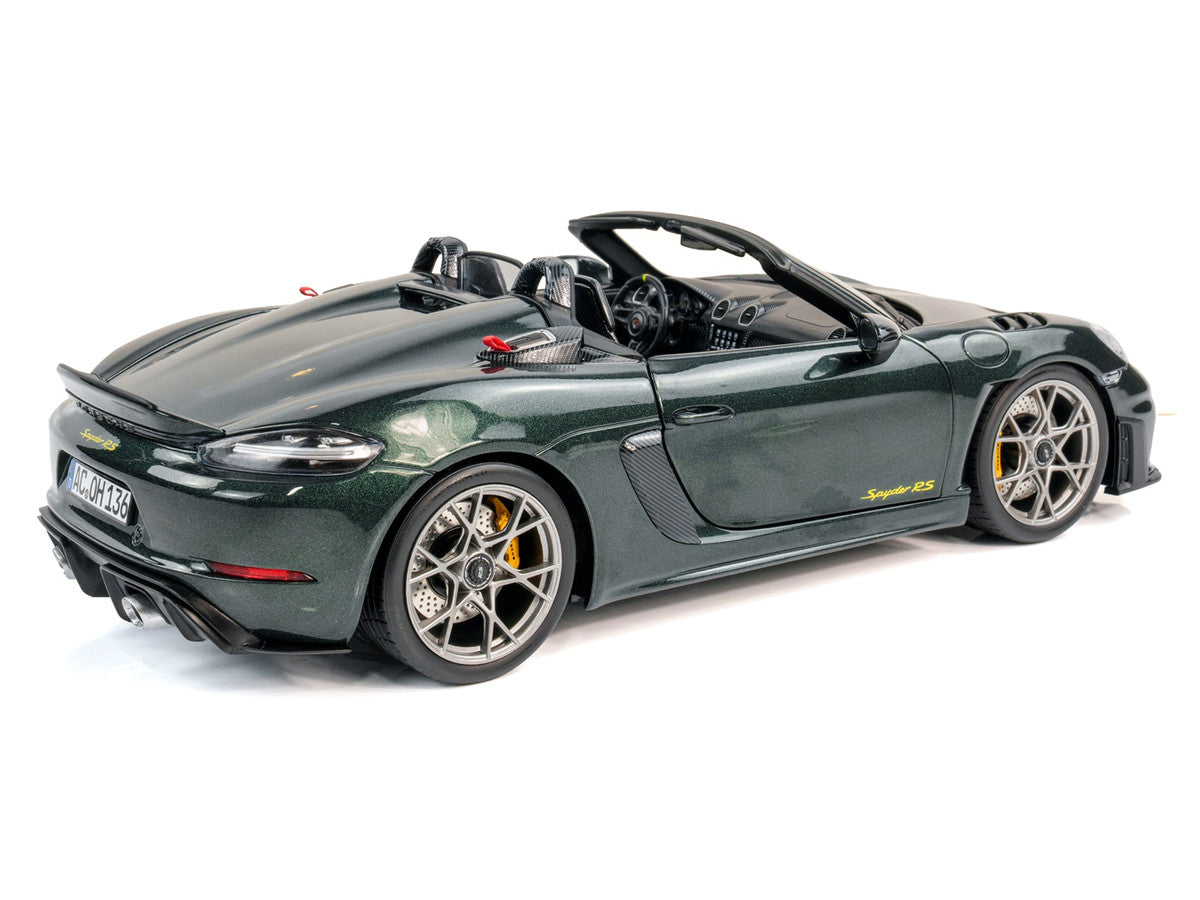 2023 Porsche 718 Spyder RS Weissach Pack Forest Green Metallic with Carbon Hood Stripes 1/18 Diecast Model Car by Norev LuxuryLifeWay Online Store