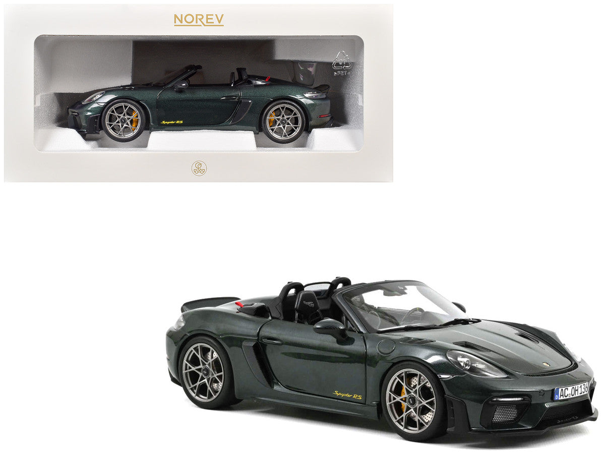 2023 Porsche 718 Spyder RS Weissach Pack Forest Green Metallic with Carbon Hood Stripes 1/18 Diecast Model Car by Norev LuxuryLifeWay Online Store
