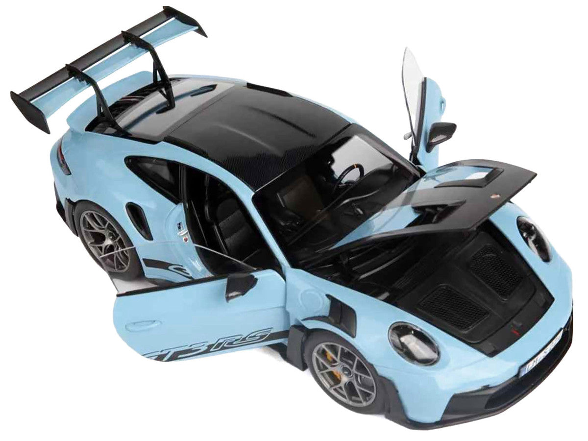 2022 Porsche 911 GT3 RS Weissach Pack Gulf Blue with Carbon Top and Hood Stripes 1/18 Diecast Model Car by Norev LuxuryLifeWay Online Store